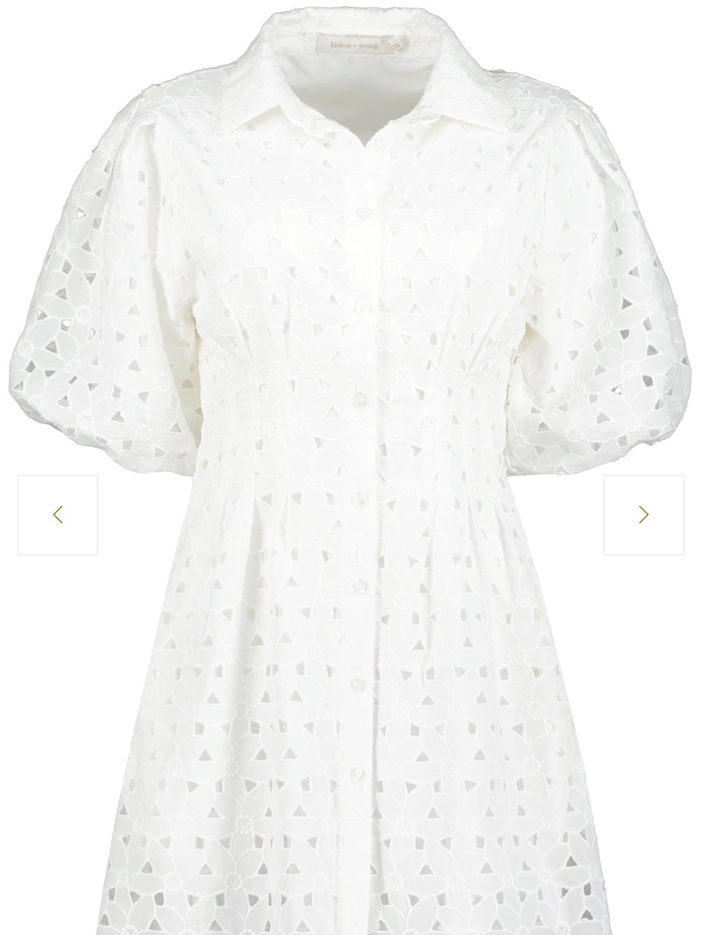 bishop + young White Eyelet Midi Dress with Puff Sleeves and Shirt Collar